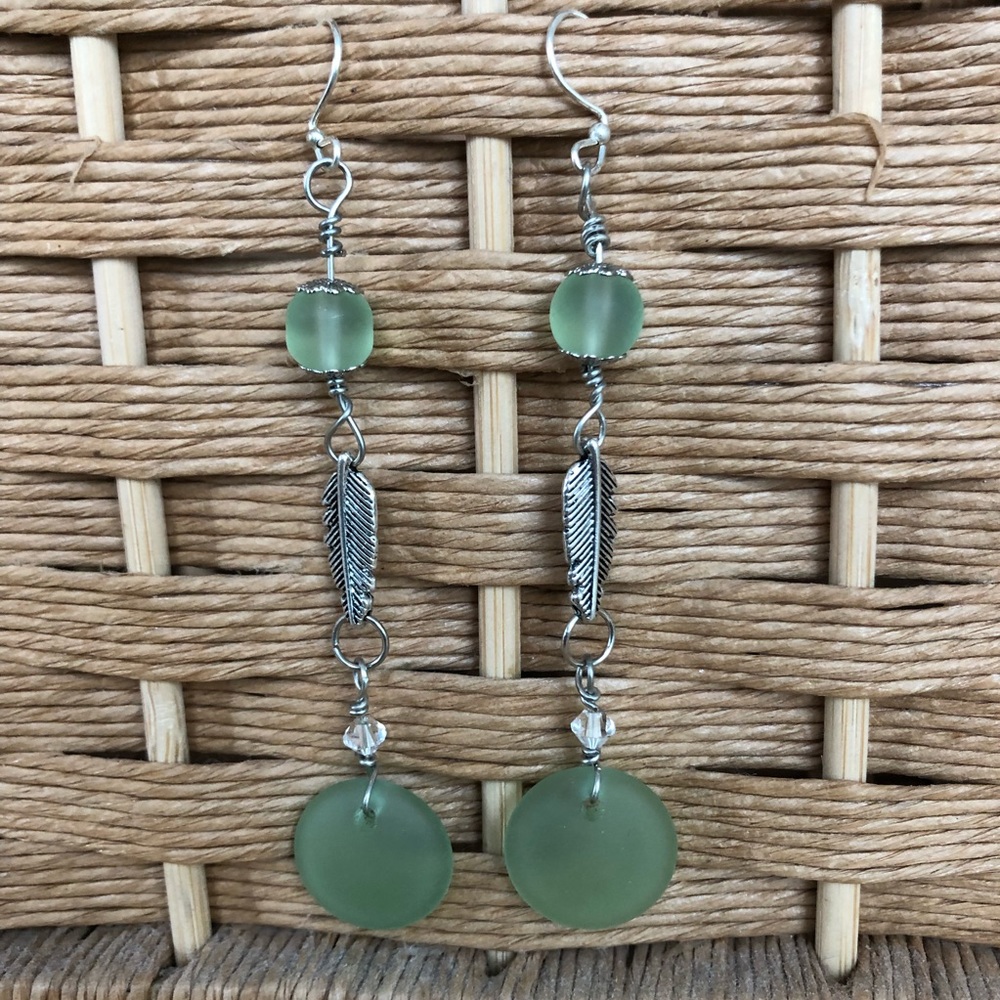 Handcrafted teal sea glass leaf drop earrings NEW